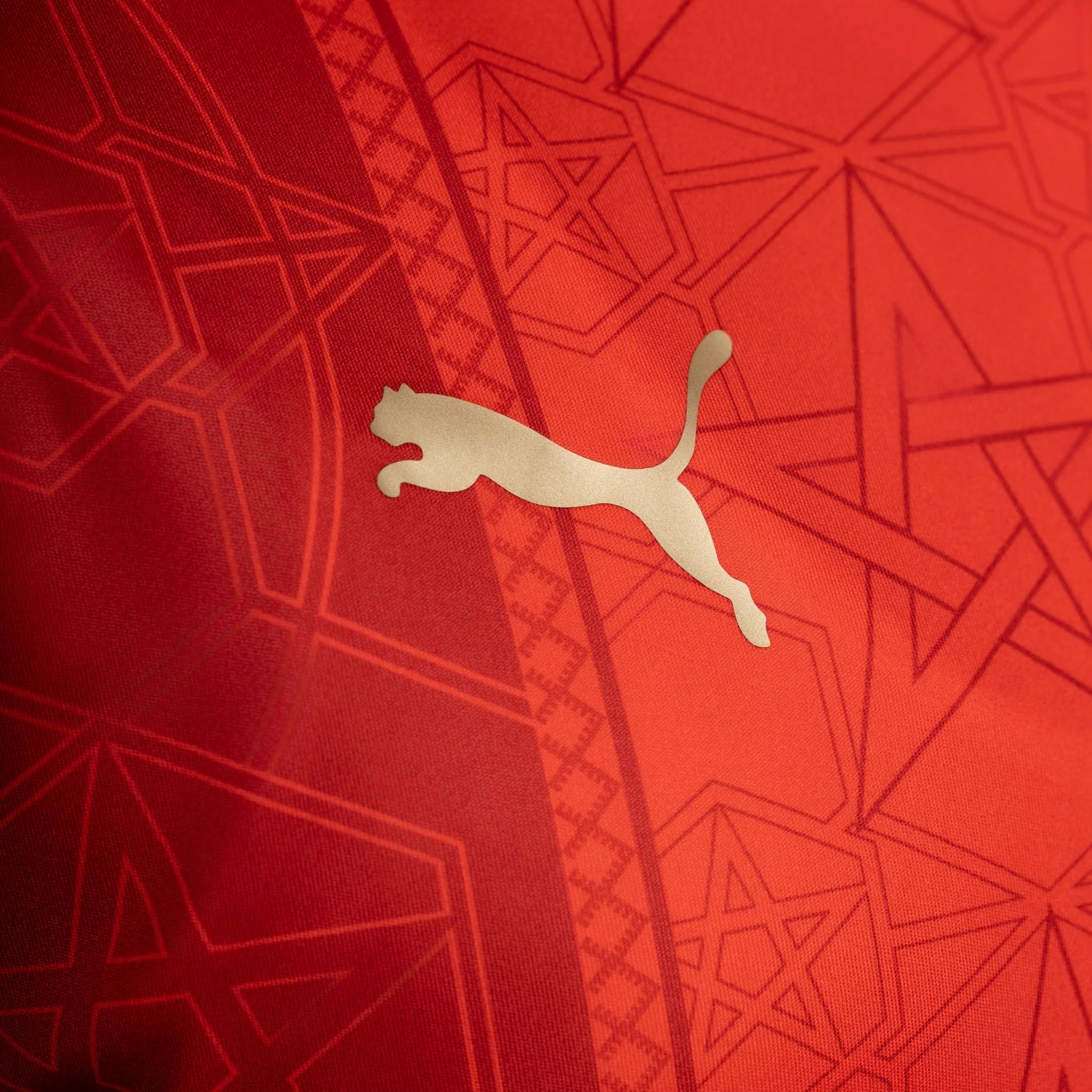 Red sports jersey with geometric pattern and Puma logo
