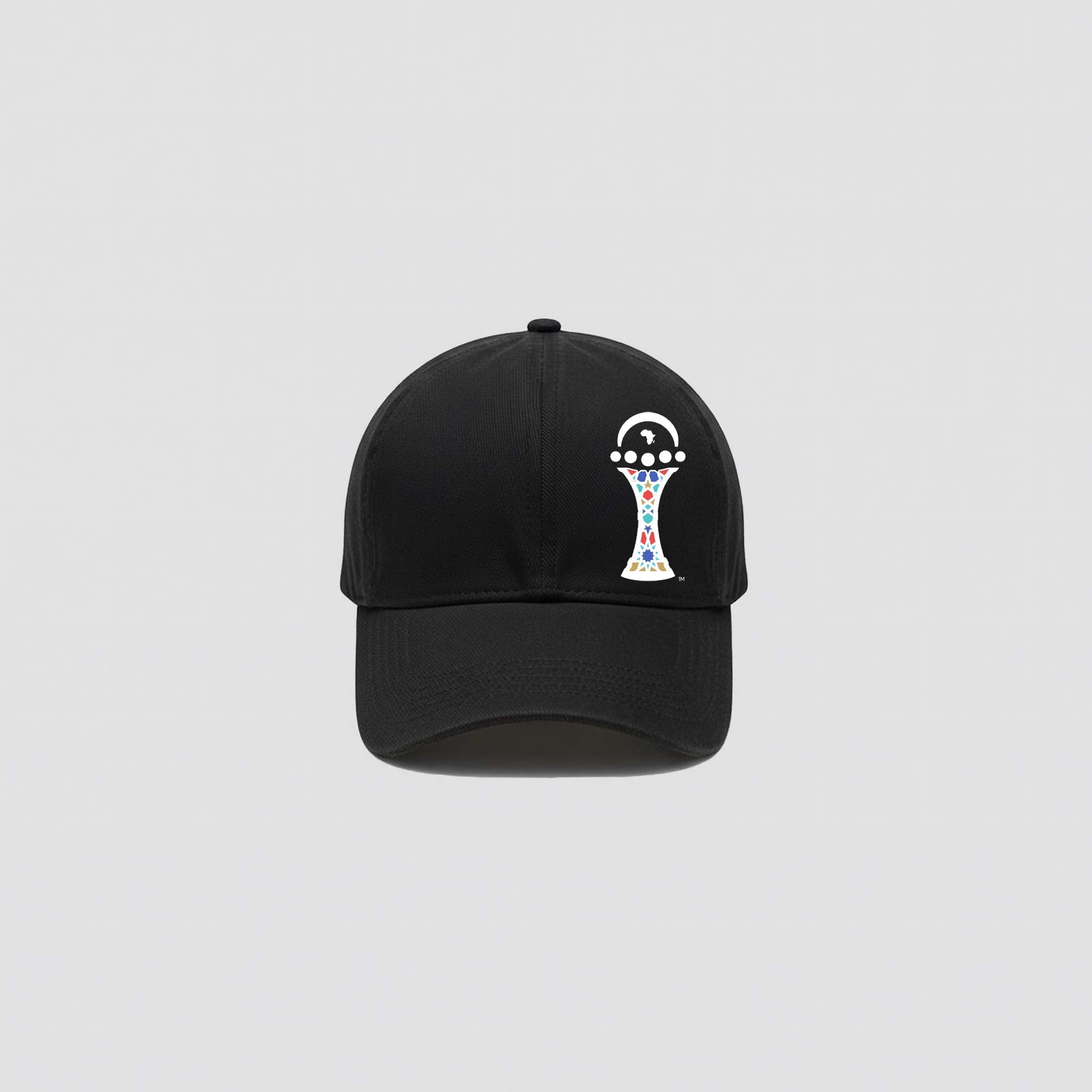 Black cap with a colorful logo on a light gray background