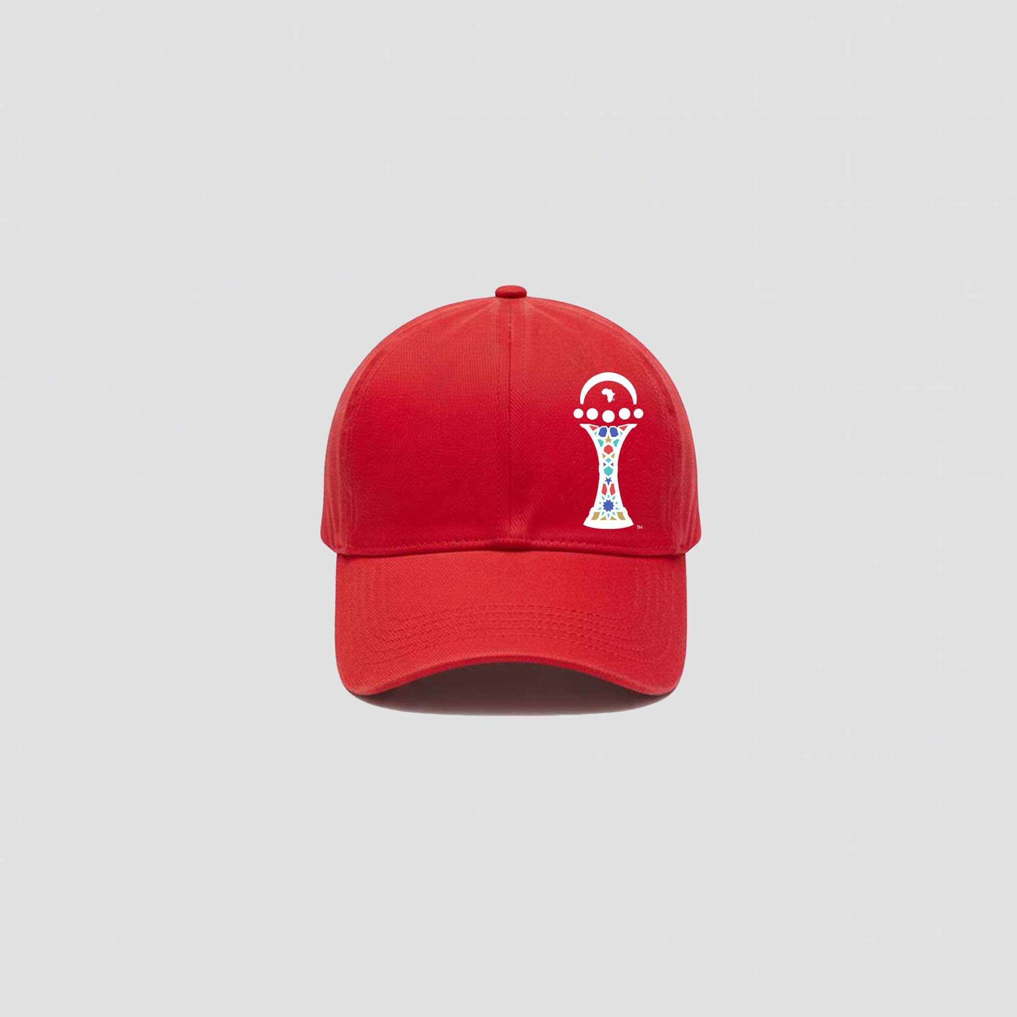 Red cap with a logo on a light gray background