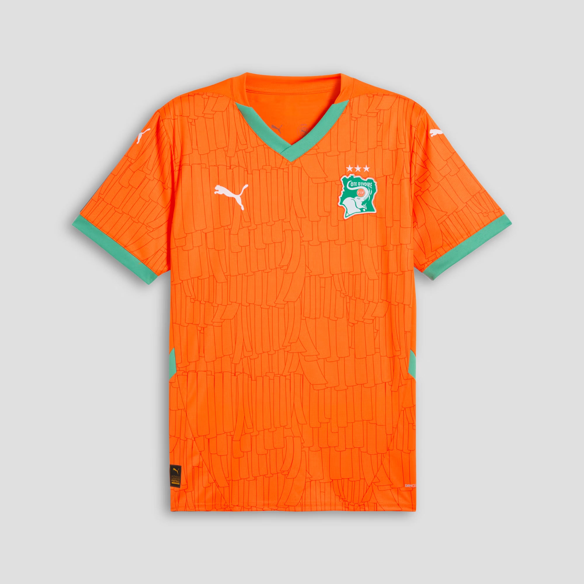 Orange sports jersey with green accents on a gray background