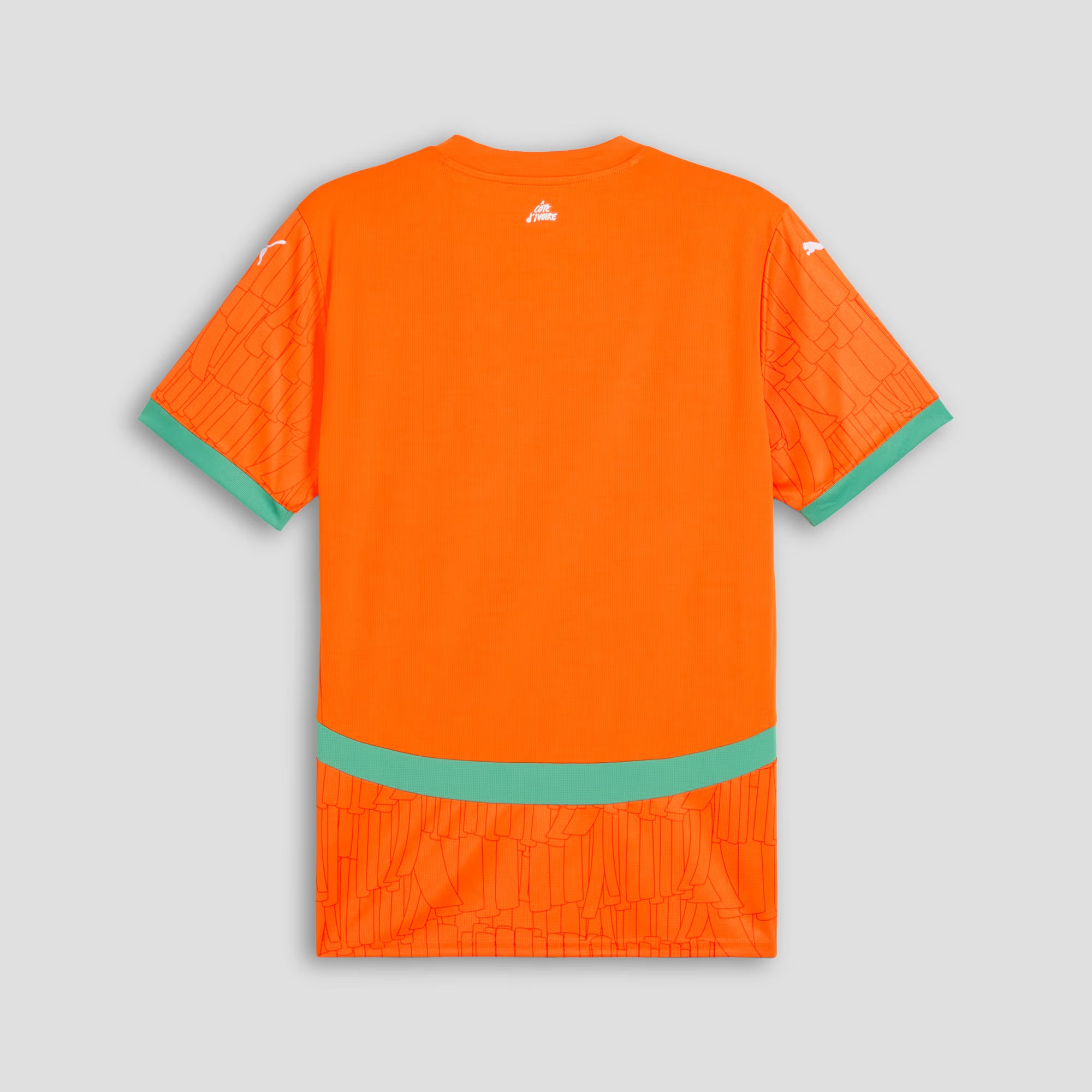Orange sports jersey with green accents on a gray background