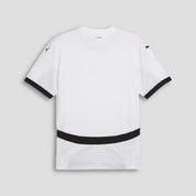 White t-shirt with black accents on a light gray background