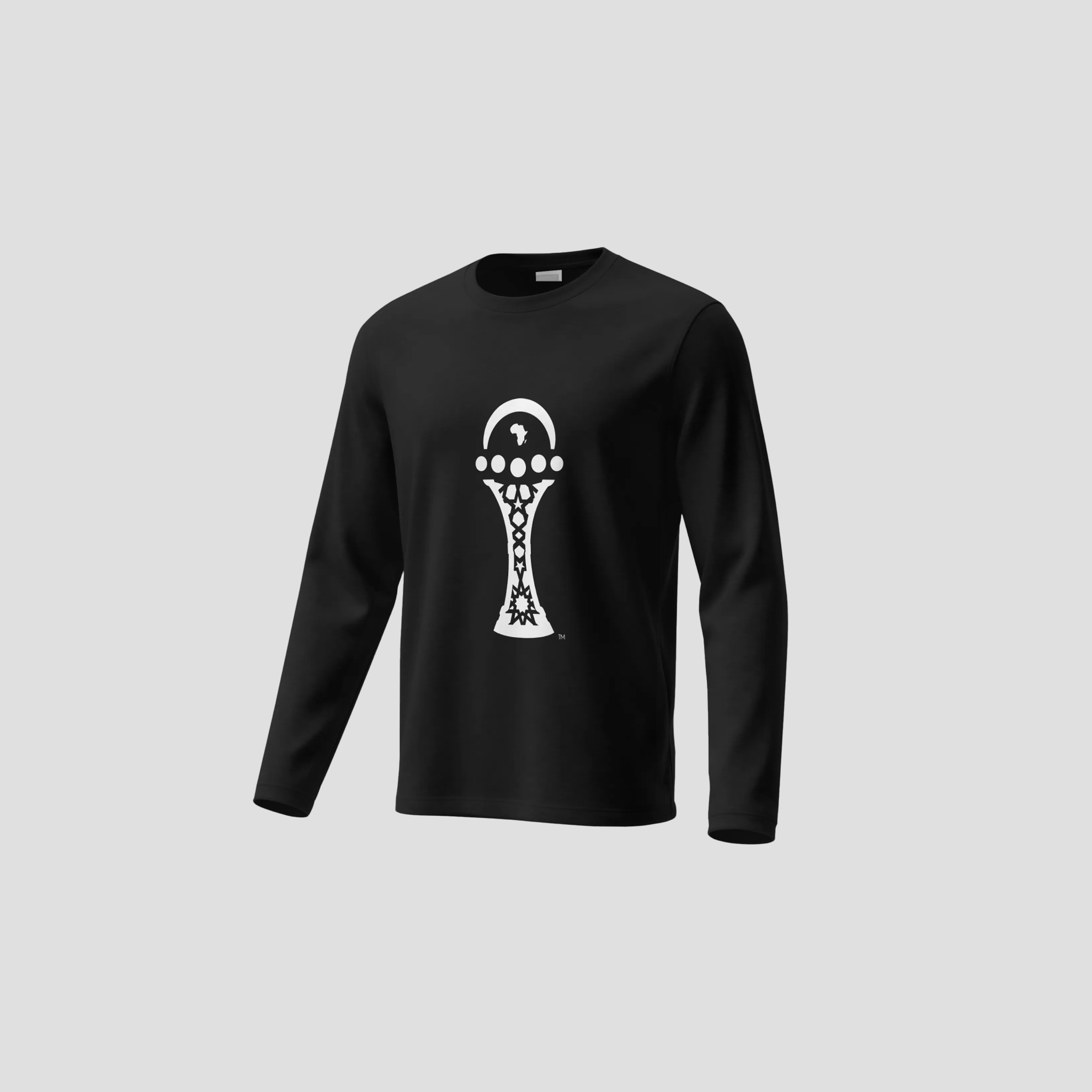 Black long-sleeve shirt with a white logo on a light gray background