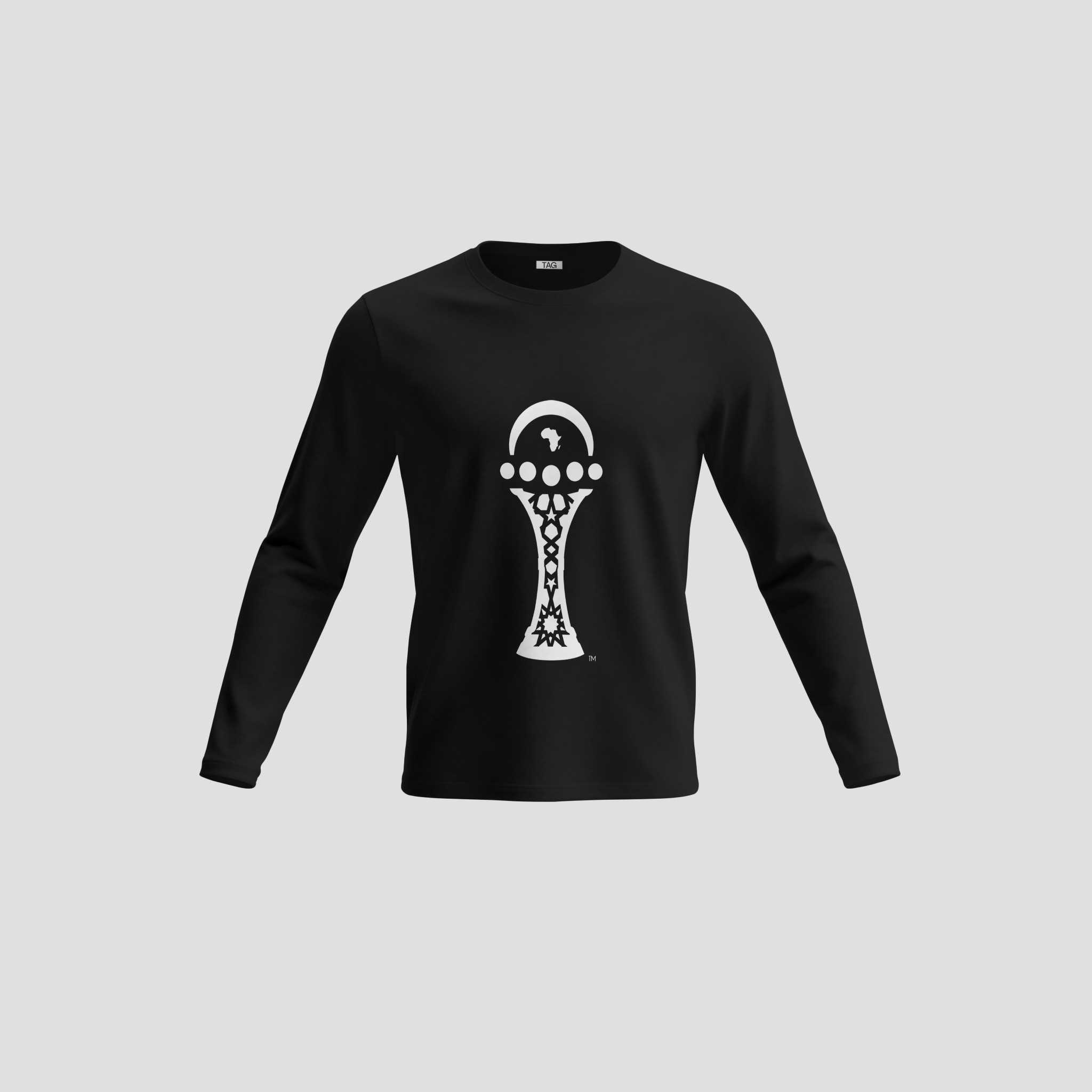 Black long-sleeve shirt with a white symbol on a light gray background