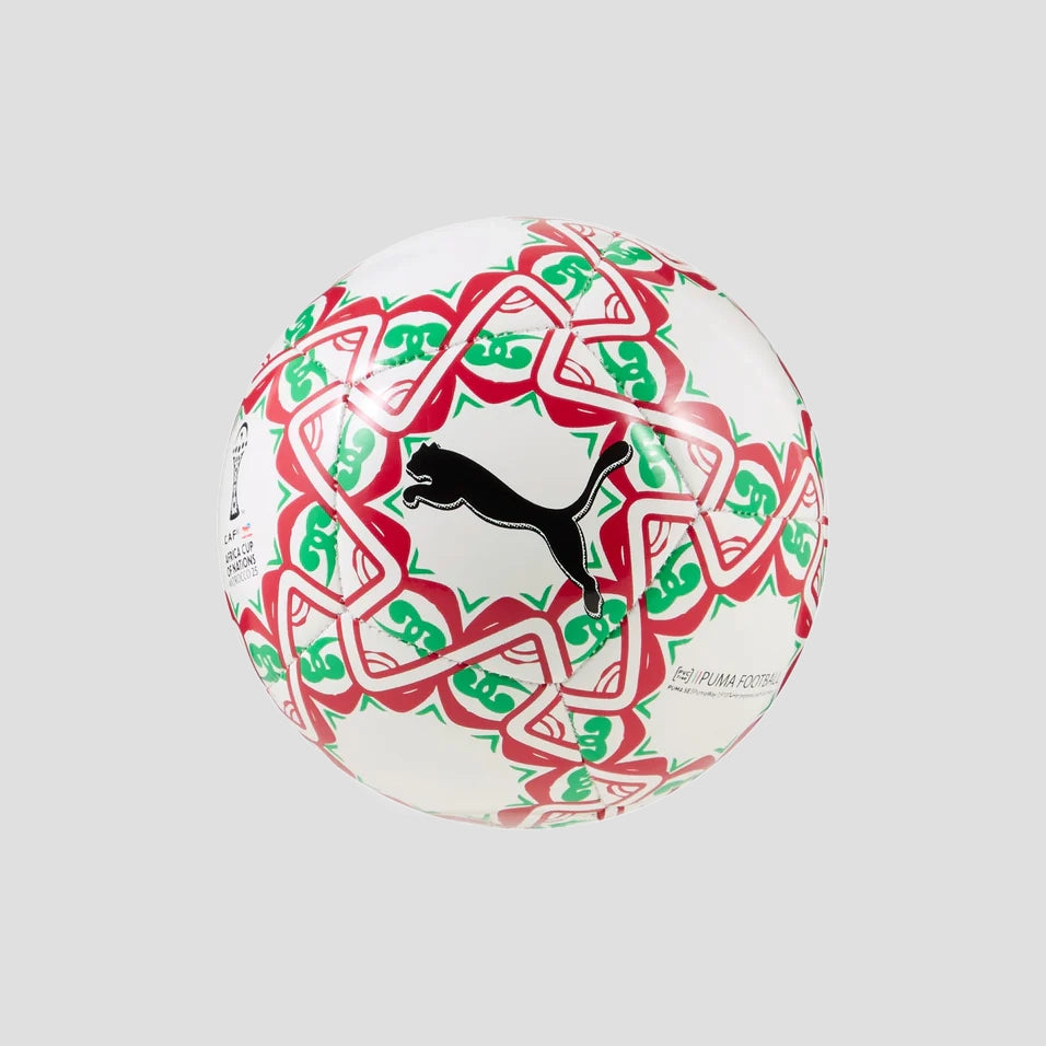 Soccer ball with red and green patterns on a gray background