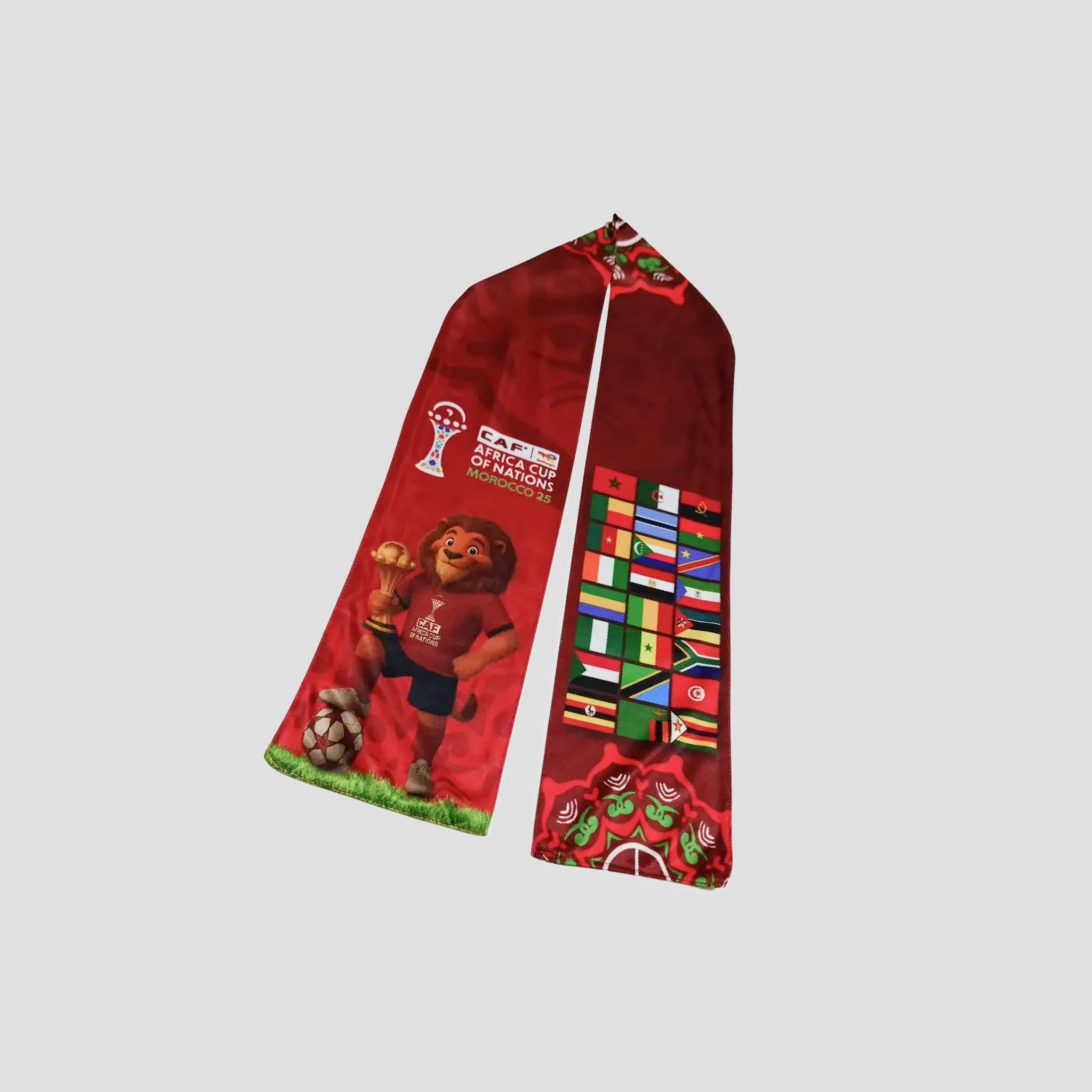 Red scarf with a cartoon character and flags on a gray background