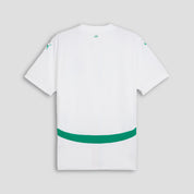 White t-shirt with green accents on a light gray background