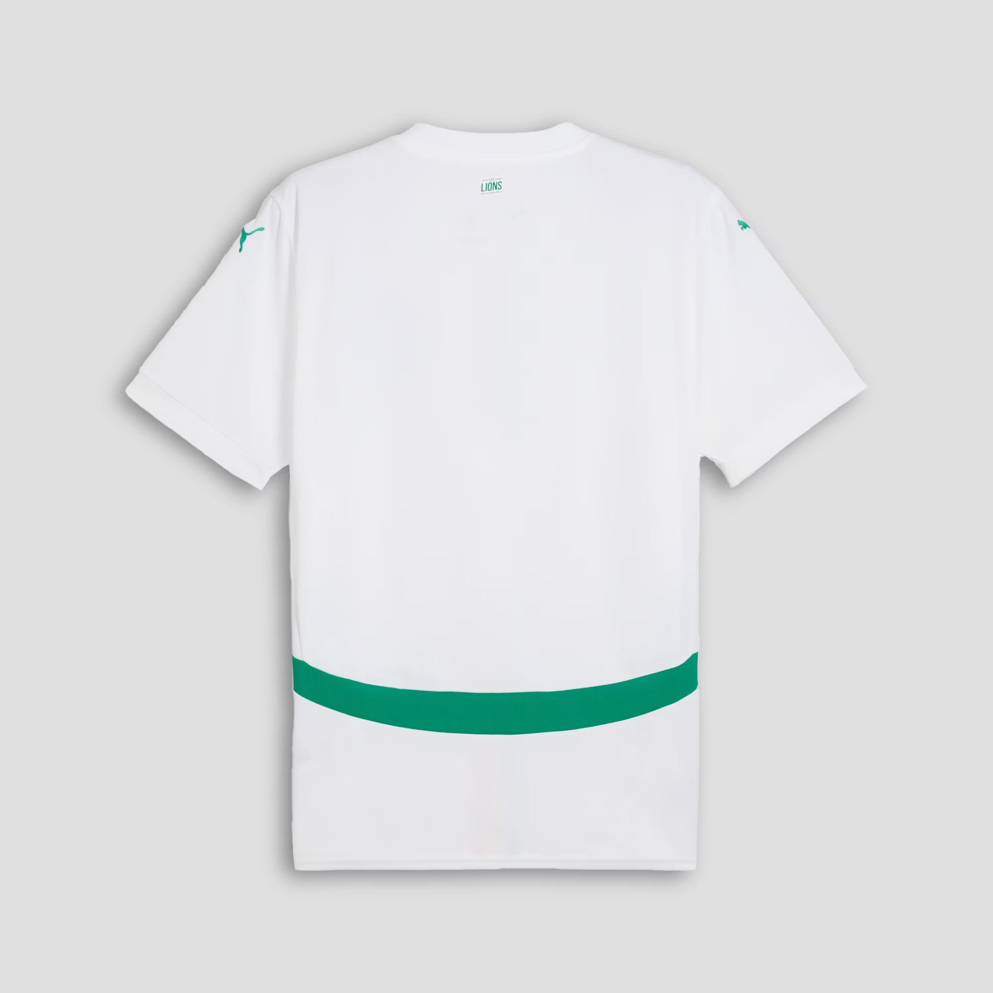 White t-shirt with green accents on a light gray background
