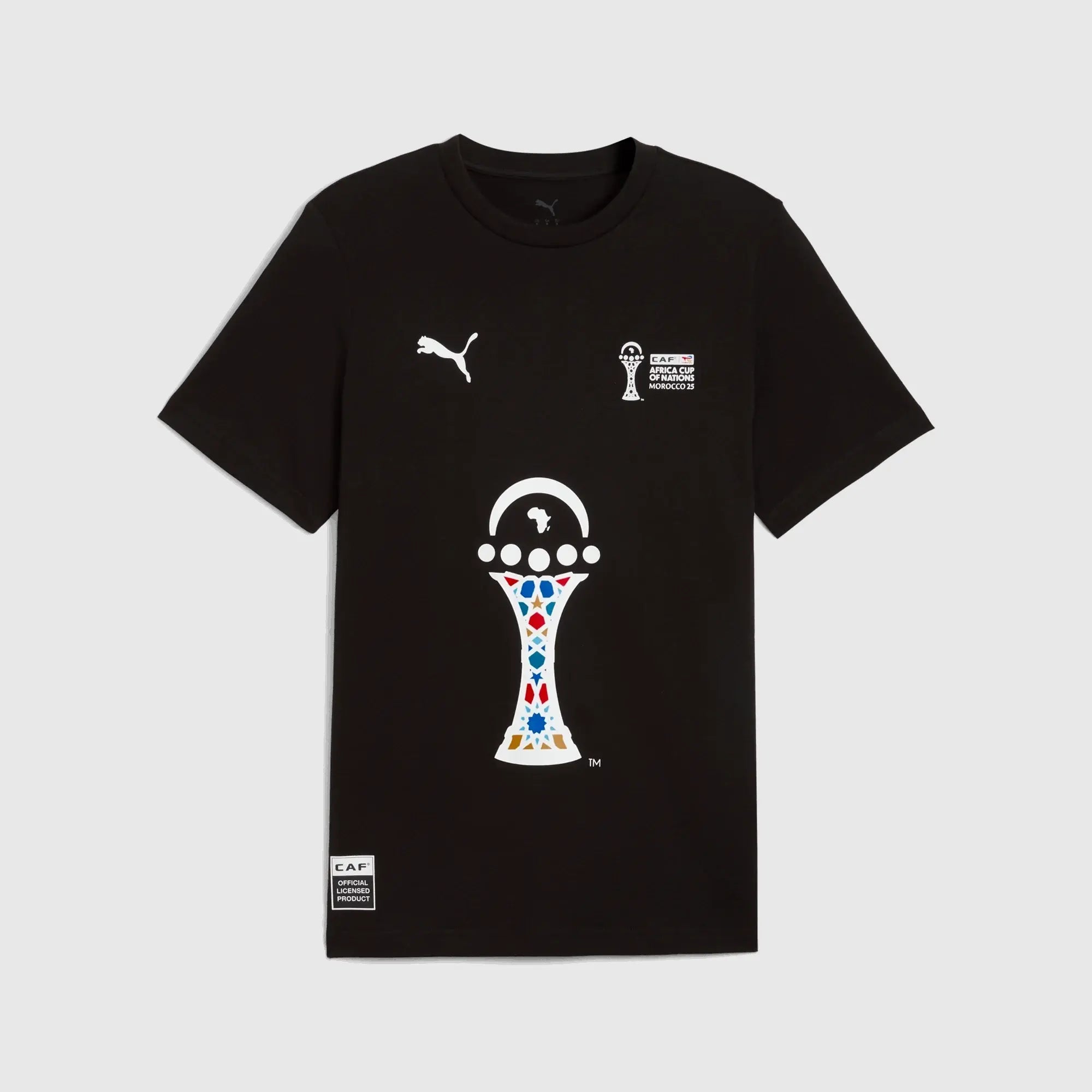 Black t-shirt with colorful design on a light gray background