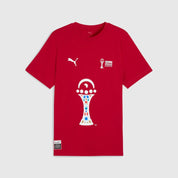 Red t-shirt with Puma logo and World Cup trophy design on a light gray background