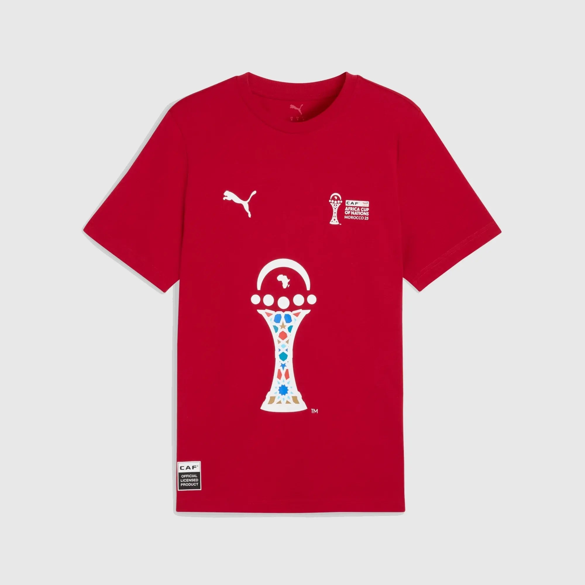 Red t-shirt with Puma logo and World Cup trophy design on a light gray background
