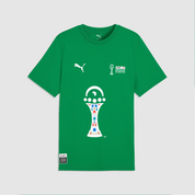 Green t-shirt with sports-related graphics and logos on a light gray background