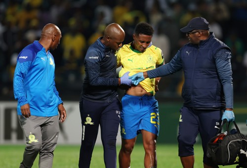 Lucas Ribeiro Costa of Mamelodi Sundowns in pain during the CAF Champions League 2023/24 Semifinals 2nd leg match between Memelodi Sundowns and Esperance Tunis at the Loftus Stadium, Johannesburg on the 26 April 2024